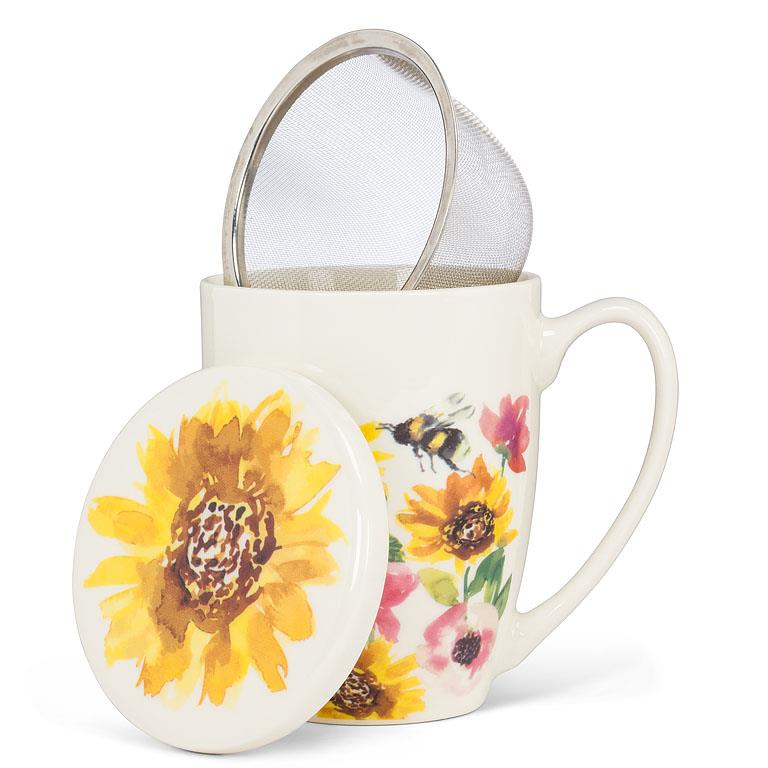 Sunflowers & Bees Covered Mug & Strainer Set