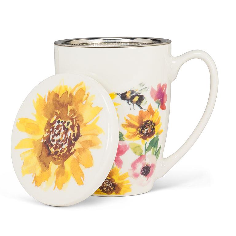 Sunflowers & Bees Covered Mug & Strainer Set