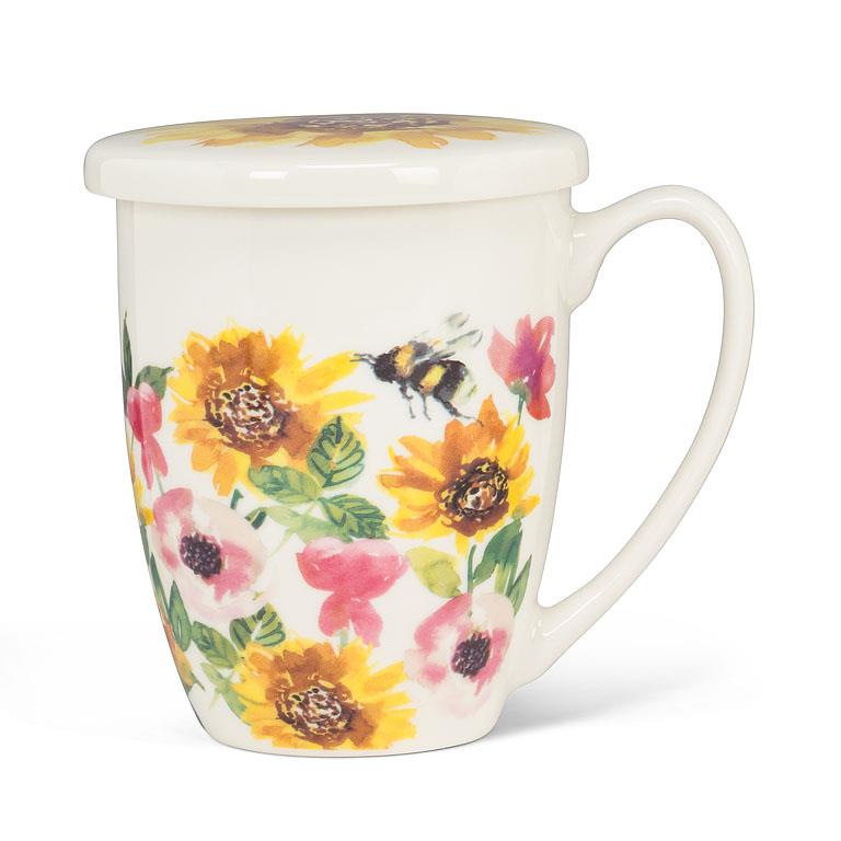 Sunflowers & Bees Covered Mug & Strainer Set
