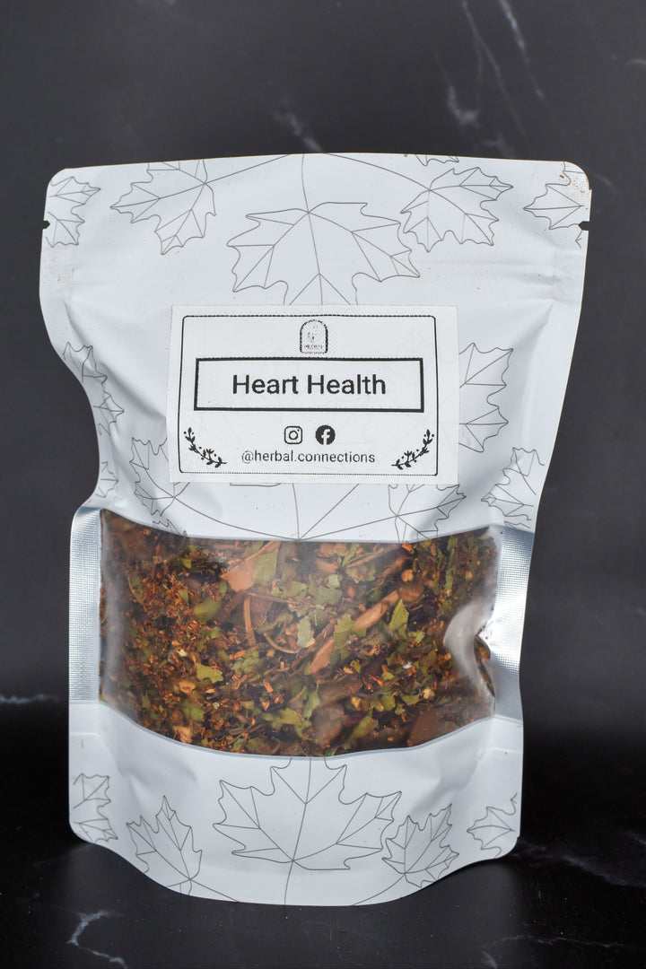 Loose-leaf blend with rooibos, hawthorn, hibiscus, and cinnamon in standing pouch packaging for heart health support